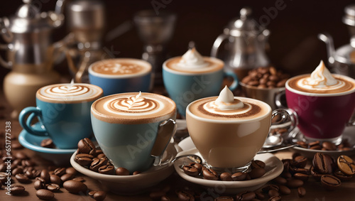 Cappuccino coffee and beans with a different flavors and aromas. Image is generated with the use of an Artificial intelligence