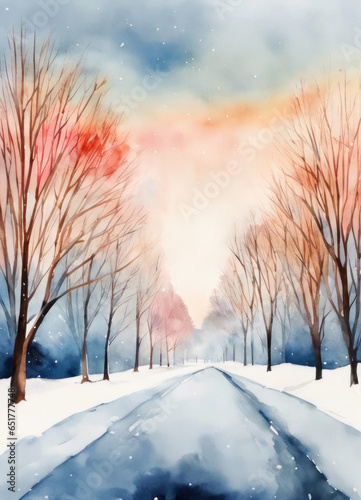 Beautiful path in winter forest with bare trees abstract art with copy space