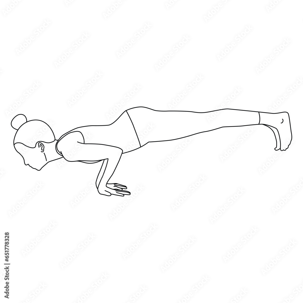 Line art of woman doing yoga in peacock pose vector.