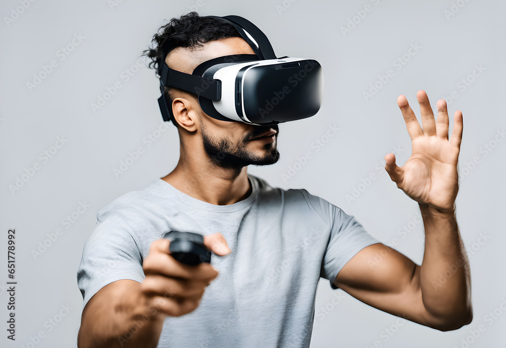 portrait of a person wearing a VR glasses, Medium shot man wearing VR glasses portrait of a person wearing a VR glasses, Medium shot man wearing VR glasses