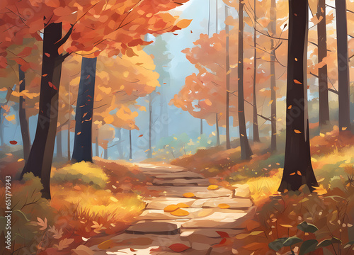 Captivating autumn serenity: Depicting tranquil forest hikes amid colorful leaves. Ideal for nature lovers.