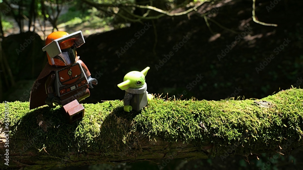 Naklejka premium LEGO Star wars Mandalorian and Baby Yoda alias Grogu walking on moss covered branch of Thuja Orientalis tree, afternoon sunshine.