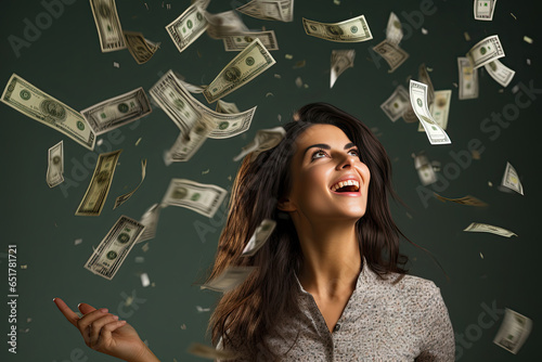 Woman winning a lottery, happy expression, blurred money flying in air photo