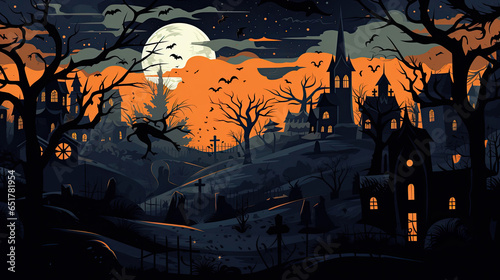 A beautiful night scene with skeletons, flying witches, bats, and a graveyard in the background, in the style of dark orange and light indigo © Sasint