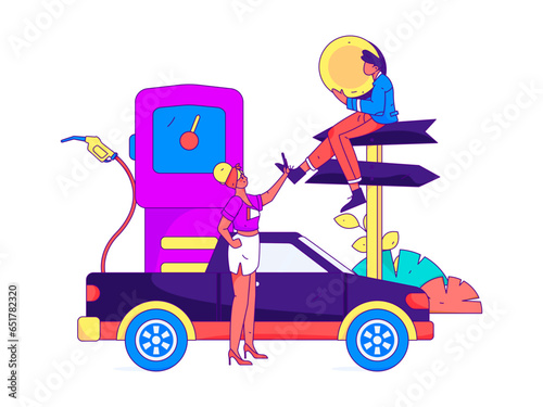 Vector Internet operation hand-drawn illustration of people getting discounts for refueling their cars