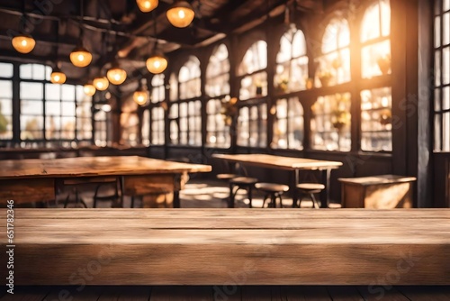 Empty rustic bar restaurant café wooden table space platform with defocused blurry pub interior sunny weather autumn summer spring warm cozy house cottage core mockup product display background.