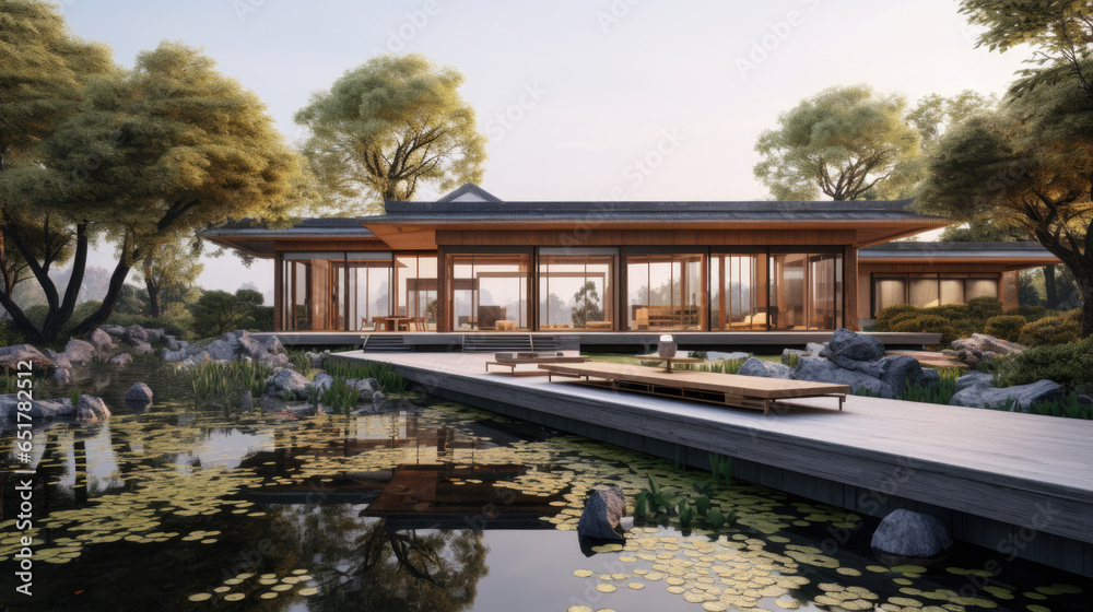 Chinese library is situated in the countryside, surrounded by rivers and older, Scandinavian architecture design, minimalist design, with a lot of courtyards and courtyard inside block Chinese library is situated in the countryside, surrounded by rivers and older, Scandinavian architecture design, minimalist design, with a lot of courtyards and courtyard inside block