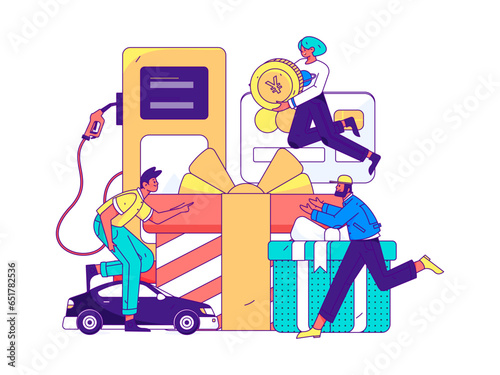 Vector Internet operation hand-drawn illustration of people getting discounts for refueling their cars