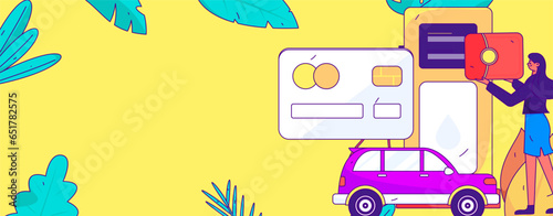 Vector Internet operation hand-drawn illustration of people getting discounts for refueling their cars