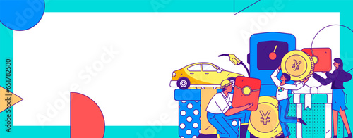 Vector Internet operation hand-drawn illustration of people getting discounts for refueling their cars