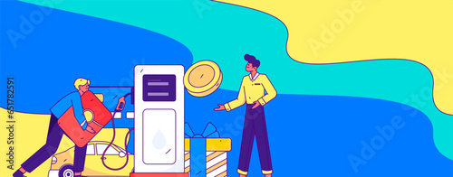 Vector Internet operation hand-drawn illustration of people getting discounts for refueling their cars