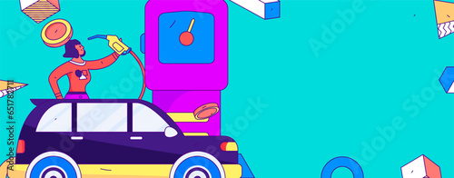 Vector Internet operation hand-drawn illustration of people getting discounts for refueling their cars