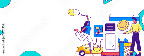 Vector Internet operation hand-drawn illustration of people getting discounts for refueling their cars
