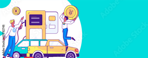 Vector Internet operation hand-drawn illustration of people getting discounts for refueling their cars
