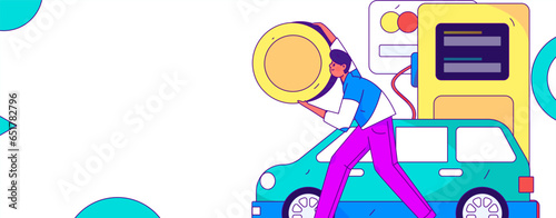 Vector Internet operation hand-drawn illustration of people getting discounts for refueling their cars