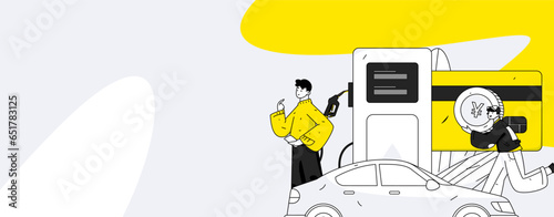 Vector Internet operation hand-drawn illustration of people getting discounts for refueling their cars