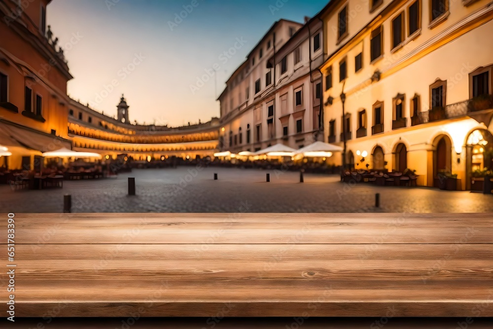 3d rendering Empty wooden table top with blur background of Rome. Exuberant image. For mounting your product. digital art.