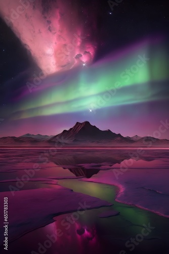 a vast reflective salt flats with a view of a single mountain on the horizon the salt flats reflect a purplepink shimmering nebula in the night sky along with an aurora tinting the lake in its 
