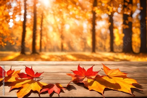 3d rendering Wooden table and blurred Autumn background. Autumn concept with red-yellow leaves background. 