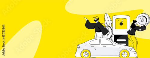 Vector Internet operation hand-drawn illustration of people getting discounts for refueling their cars
