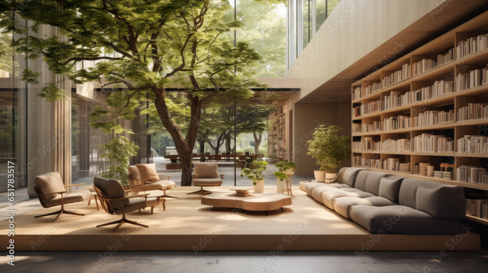 Made of clear concrete, the library features light-colored log bookshelves, stepped seating, potted plants, raw timber floors, and a courtyard where an old tree extends outdoors.