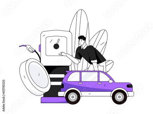 Vector Internet operation hand-drawn illustration of people getting discounts for refueling their cars