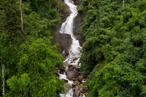 Krathing waterfall in the rainy season and refreshing greenery forest in the national park of Khao Khitchakut Chanthaburi province Thailand panorama aerial view for background.