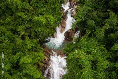 Krathing waterfall in the rainy season and refreshing greenery forest in the national park of Khao Khitchakut Chanthaburi province Thailand panorama aerial view for background.