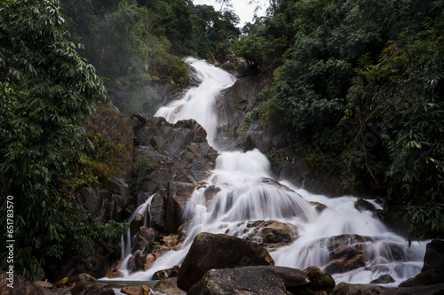 Krathing waterfall in the rainy season and refreshing greenery forest in the national park of Khao Khitchakut Chanthaburi province Thailand aerial view for background. photo