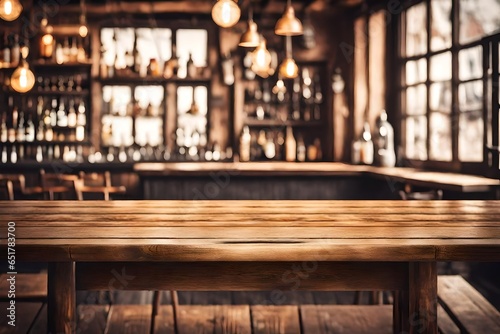 Empty rustic bar restaurant caf   wooden table space platform with defocused blurry pub interior sunny weather autumn summer spring warm cozy house cottage core mockup product display background.