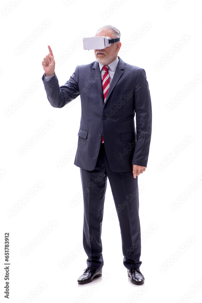 Old businessman wearing virtual glasses isolated on white Old businessman wearing virtual glasses isolated on white