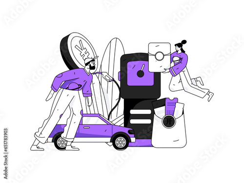 Vector Internet operation hand-drawn illustration of people getting discounts for refueling their cars