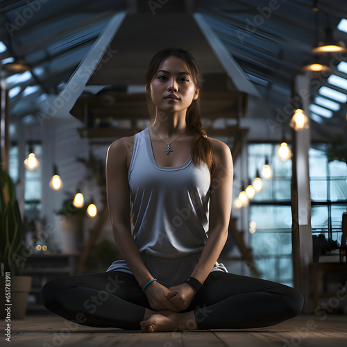A young Asian woman in her early 20s doing yoga