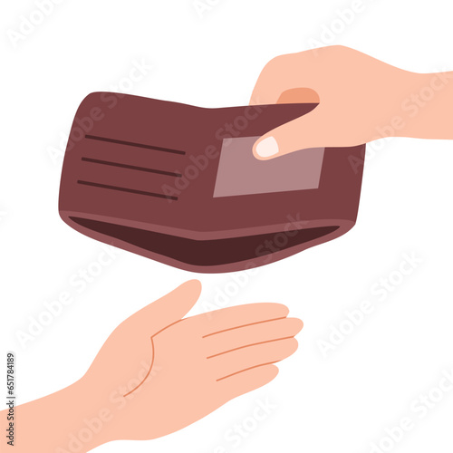 Hand holding empty wallet in flat design on white background.