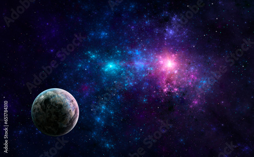 Space background. Planet shined by two stars fly in colorful blue and violet fractal nebula. Elements furnished by NASA. 3D rendering
