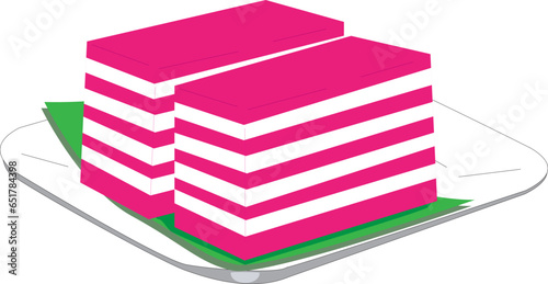 Indonesian, Malaysian traditional food Kuih Lapis on plate vector illustration.  Traditional snack of steamed colorful layered soft rice flour pudding. Kueh lapis. Ramadhan bazaar.