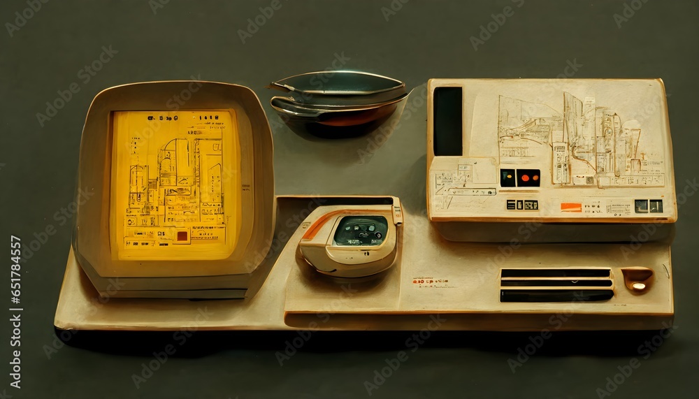 1986 soft electronics industrial design original packaging household appliances waffle maker automatic toaster ultradetailed rendering schematic drawing tracing paper in the streets of Tokyo  - obrazy, fototapety, plakaty 