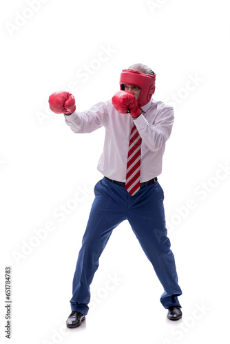 Old businessman boxing isolated on white