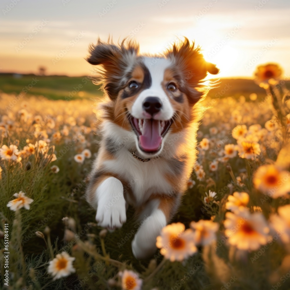 A photorealistic image of a Australian Shepherd puppy running through a field of wildflowers in the golden hour