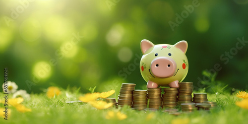 happy piggy bank and coins stack over blurred green garden background.Generative AI.