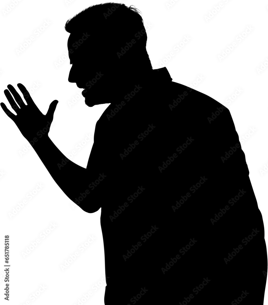 Digital png silhouette of man holding hand and talking on transparent background