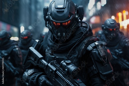 Special forces soldier with assault rifle and machine gun in action in a night city, Tech Vanguard, hi-tech military force