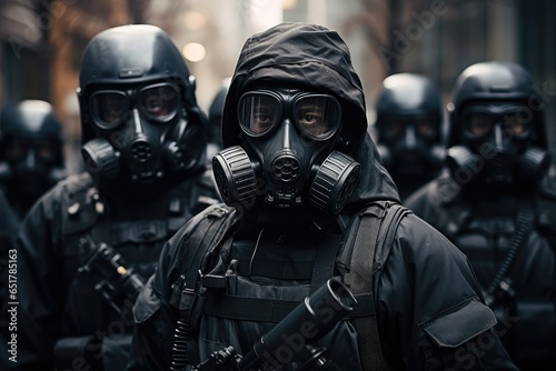 Police officers in black uniform and gas mask in action on the street, Urban Enforcers, masked enforcers, army soldiers with protective gas masked, armed defenders photo
