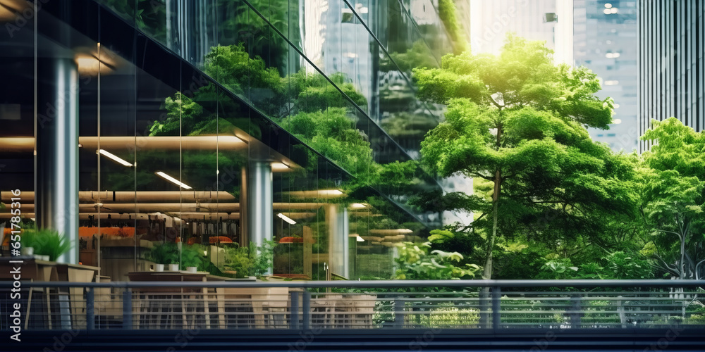 Selective focus on tree and eco friendly building with vertical garden in modern city.