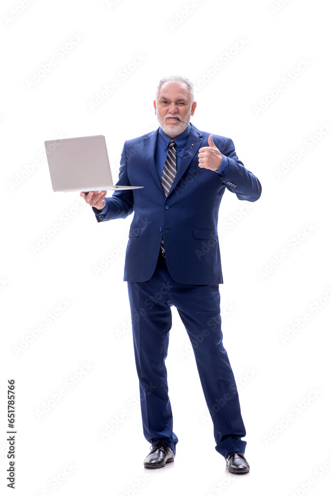 Old businessman holding laptop isolated on white Old businessman holding laptop isolated on white