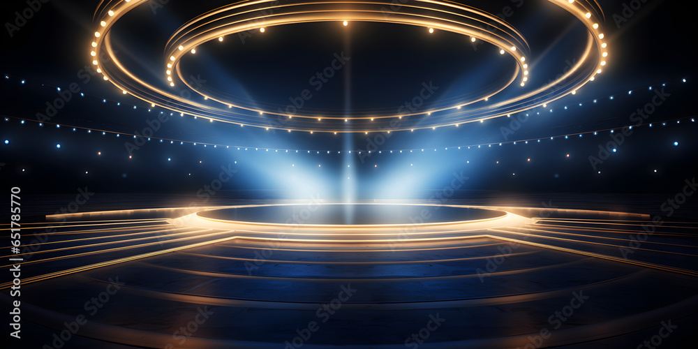 Empty musical stage. Luxurious music stage. Blue and yellow spotlight. Background backdrop. - obrazy, fototapety, plakaty 