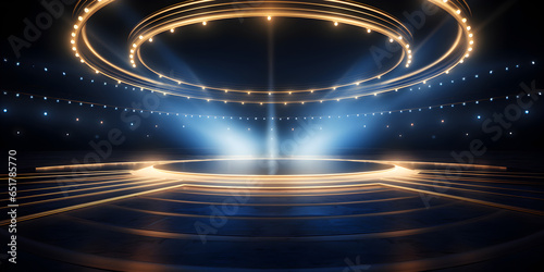 Empty musical stage. Luxurious music stage. Blue and yellow spotlight. Background backdrop.