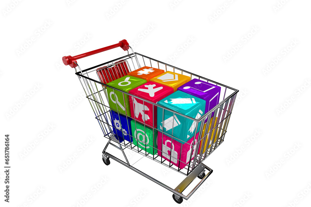 Digital png illustration of shopping trolley with cubes with symbols on transparent background
