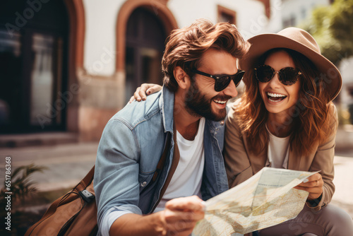 smiling travel couple looking at map