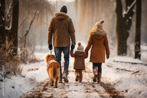 Young boy walking a dog with his parents in the snow